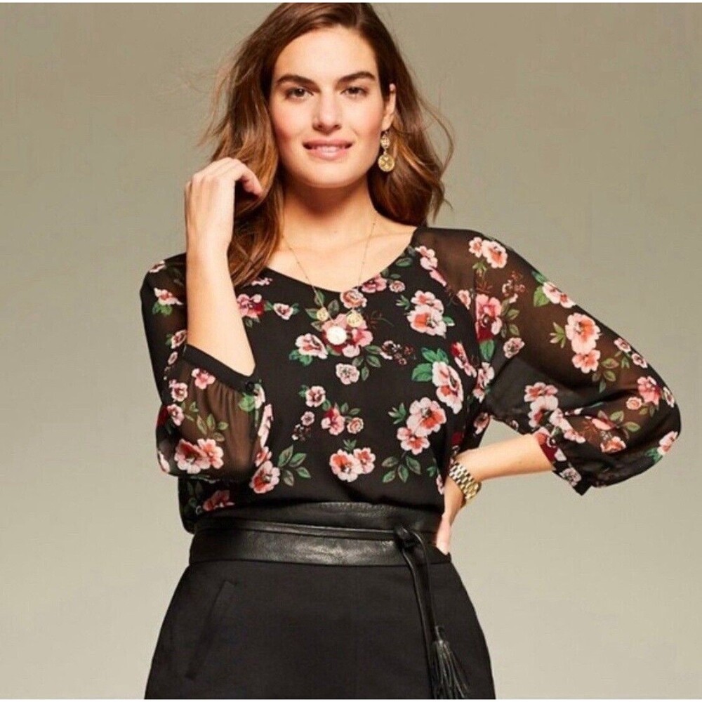 Cabi Blouse Womens Medium Garden Floral 3/4 Sleeve Sheer
